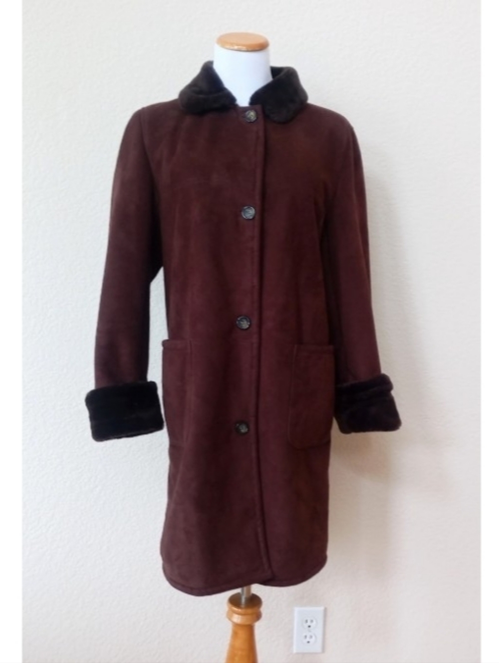 Talbots vintage chocolate brown faux suede and sherpa coat